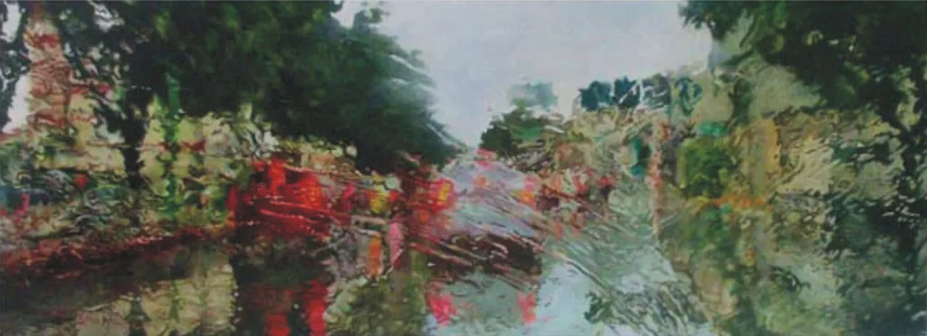 <p>El cuadro con el auto rojo y blanco al centro | Frente no. 28 | 52 cm X 140 cm | óleo sobre madera</p>
