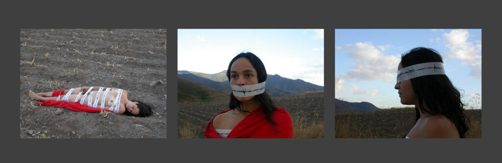 La pasión de Juana, 2008. Fotografía digital <br>En el contexto de la revuelta oaxaqeña de 2008, González plantea una Juana de arco contemporánea que de la lucha, termina en la hoguera.