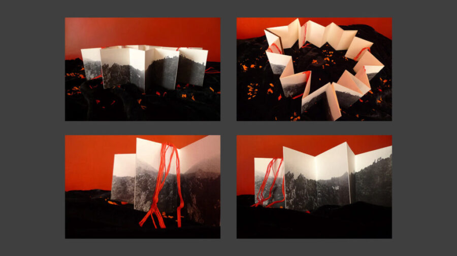 La volcana, 2019. Libro de artista. Plata gelatina, impresión, transfer de fotocopia a papel algodón 12 x 233 cm
